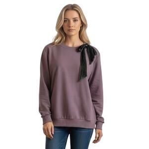 AnyBody French Terry Pullover Neck Bow Faded Plum Sz Medium Oversized NEW